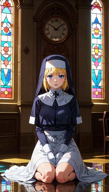 short hair blonde hair blue eyes nun habit white gloves fire-force uniform