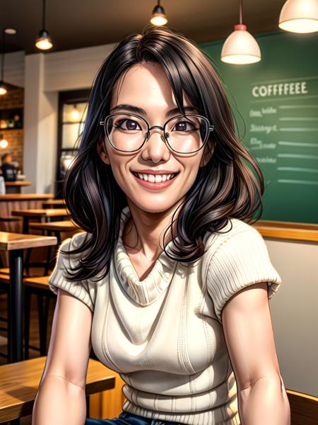 a photorealistic image of ( 4l1W0ng , glasses, knitted sweater, smile+++), (in a coffee shop, warm lighting)++, realistic+++, masterpiece++, (extremely detailed)++, (beautiful face)++, (detailed face)++, (beautiful body), gorgeous, (sexy pose), 4k+, UHD