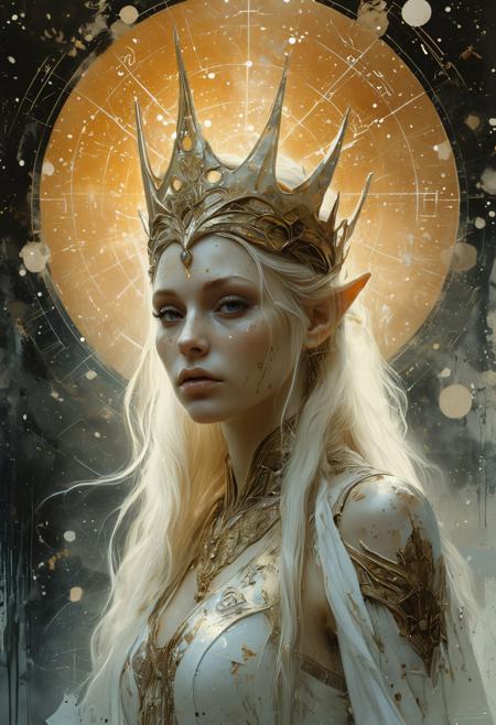 the beautiful and ethereal elven high queen, like a beaurtiful and awe-inspiring portrait made at the height of the elven empire, detailed, high resolution, eerie, atmospheric, foreboding (in the style of Luis Royo painting) Dean Cornwell, design, 1970s, Russian Constructivist style, double exposure, volumetric lighting, expressive, ancient starchart, ink spattered background, warm colors, space, art deco, splatter, Japanese Woodblock print, planar rectilinear shapes, extreme energy, dynamic posing, Dutch angle, white, golden, ethereal