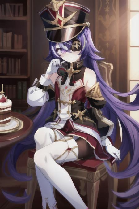 chevreuse bare_shoulders eyepatch gloves pantyhose purple_hair white_thighhighs thigh_boots shako_cap