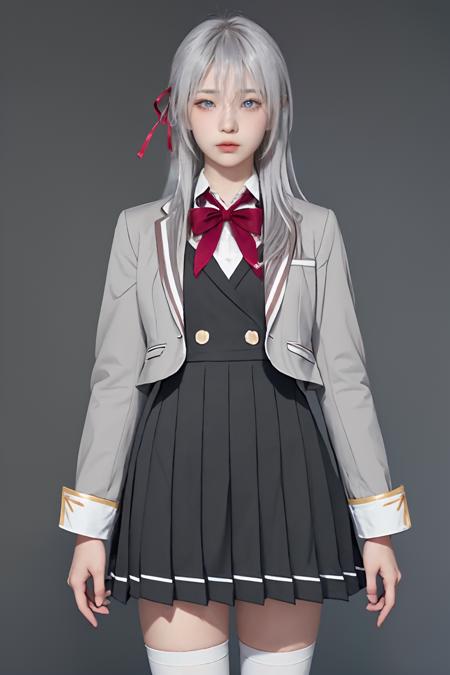 white hair,grey hair,long hair, bangs, hair between eyes,blue eyes,hair ribbon, red ribbon,open jacket,grey jacket,  bowtie, school uniform, long sleeves,red bow,blazer, collared shirt, zettai ryouiki,pleated dress, dress,white thighhighs, loafers,