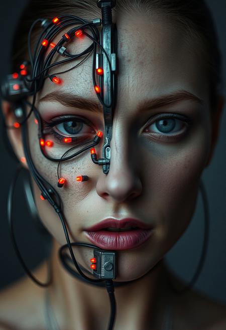 (Soft Lighting Photography by Mimoza Veliu and Mario Giacomelli:1.2), NSFW, wired-cyborg, biomechanical, high quality photography of a woman's face, split down the middle, showcasing two distinct halves. The left side of her face is a metal mechanical construct, resembling a futuristic cyborg or android, with intricate circuitry and wires visible beneath her skin. The mechanical half is a dark, metallic color with glowing red circuitry and numerous tiny, glowing red lights, giving it an eerie, otherworldly appearance. The right side of her face is human, with pale, almost deathly skin, sci-fi horror aesthetic., sexy