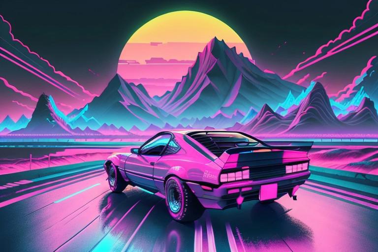 (synthwave:1.2), (neon sun)  scanlines, wireframe, mountains, palm tree, vectorized,(retrowave), (vaporwave), purple blue pink yellow orange blue black, car, car on road, motion lines, car mid-drift, retro 80's inspired car design, sleek, sharp lines, car with neon underglow, neon, dark background, (highres), best quality, high quality, (masterpiece), intricate detail, [[raytracing]] <lora:retrowave_0.12:0.7>, neonskiesai,