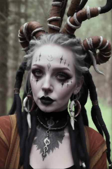 a woman with dreadlocks and makeup holding a cell phone , witch_style