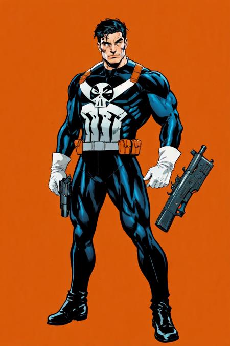 Comistyle, 1boy, black bodysuit, black hair, bodysuit, boots, clenched hand, closed mouth, full body, gloves, gun, handgun, holding, holding gun, holding weapon, male focus, skull (symbol), The Punisher, marvel comics, muscular, orange background, solo, standing, weapon, white boots, white gloves, masterpiece, best quality , official art , <lora:ComiDusk:0.9>