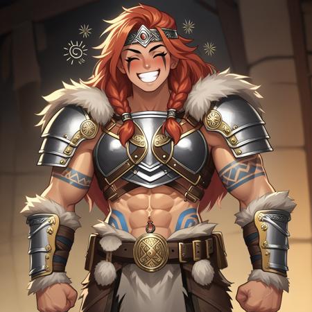 B4rbarian barbarian, fur trim, shoulder armor, belt, piercing, tattoo, armor, abs, biceps, smile