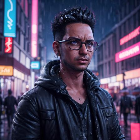 Zizan, a man, cyberpunk city hacker :: neon graffiti, augmented reality black frame glasses, hooded cloak :: rainy night :: Epic cinematic brilliant stunning intricate detailed matte painting, deep color, fantastical, intricate detail, splash screen, complementary colors, fantasy concept art, 8k resolution trending on Artstation, Unreal Engine 5