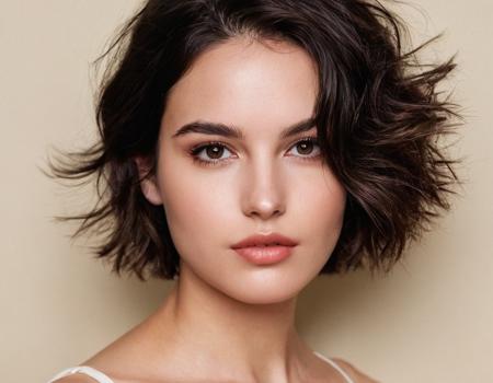 photo of a young woman with short, tousled dark hair. She has fair skin and captivating dark eyes, brown eyes, perfecteyes. The face has a soft, oval shape with slightly angular cheekbones. The nose is straight with a delicate bridge, and the tip is slightly rounded. The lips are full, with the upper lip showing a defined cupid's bow. The lower lip is slightly fuller than the upper one. She has a smooth, fair complexion 
