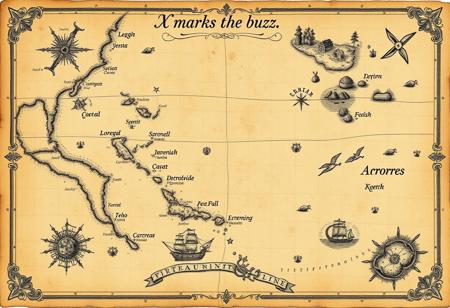 Old pirate treasure map, maritime navigation, reefs, Caribbean islands, ornate, beautiful, extremely detailed, ink, title: "X marks the buzz"