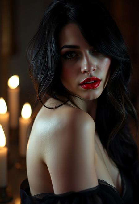 A captivating, 40-year-old Caucasian woman, her porcelain skin illuminated by the soft glow of candlelight. Her long, raven-black hair, styled in loose, seductive waves, frames a face adorned with a dramatic, smoky eye and a deep, blood-red lip. Her eyes, dark and mysterious, hold a knowing glint as they sweep across the room. She's draped in a sheer, flowing gown, its dark hue accentuating her pale skin. Her posture is languid, inviting, with a subtle curve of her spine and a tilt of her head. Her lips, slightly parted, hint at secrets and forbidden pleasures.