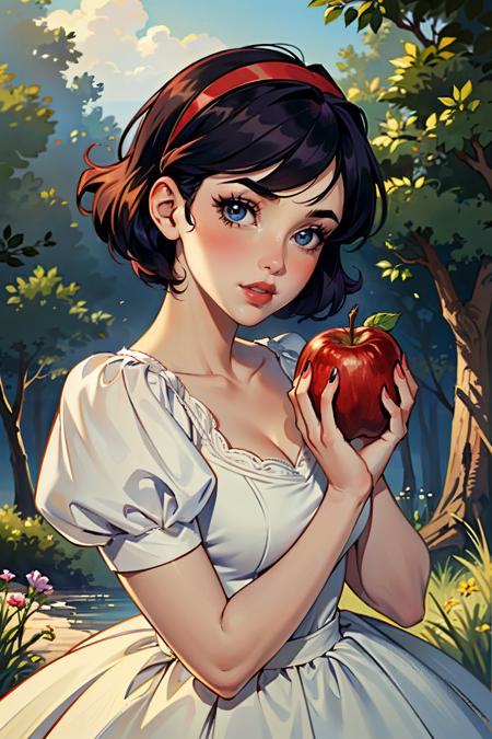 ((ultra detailed, masterpiece, best quality))
 <lora:DisneySnowWhite:0.9>
DisneySnowWhite, 1girl, fruit, apple, solo, food, blue eyes, holding fruit, holding, holding food, short sleeves, bow, hairband, puffy sleeves, looking at viewer, red lips, puffy short sleeves, red bow, upper body, hair bow, makeup, lipstick, nail polish, red hairband, short hair, blush, dress, parted lips, signature, eyelashes