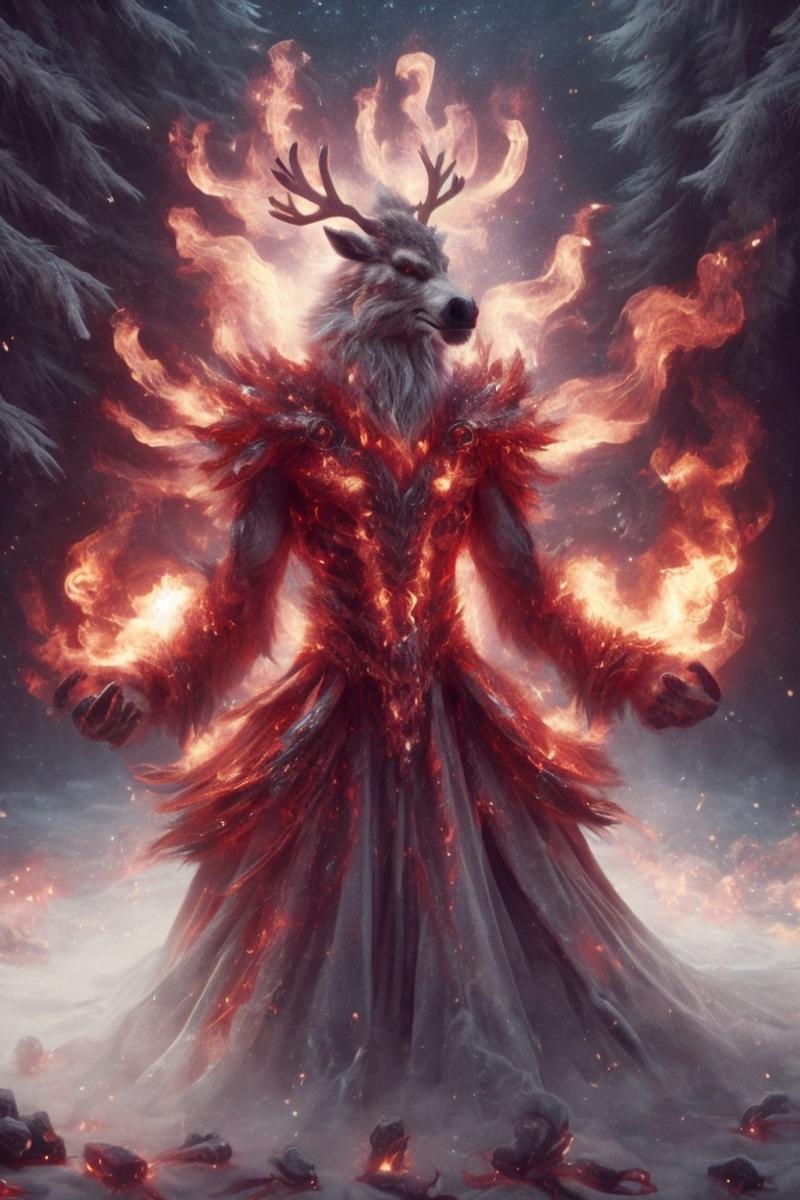 A digital art painting of a person with antlers and a red and orange robe, surrounded by flames.