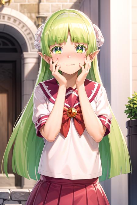 valac clara green hair, long hair, green eyes, horns, pointy ears school uniform, serafuku, pink skirt, green footwear, slippers