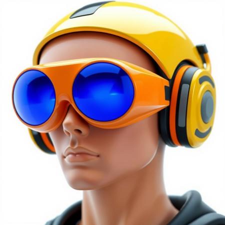 The figure's head is encased in a streamlined helmet, predominantly yellow with black accents. The helmet appears highly polished, with a smooth, almost glossy finish. Integrated into the helmet are large, circular, reflective lenses that cover the eyes entirely. The lenses glow with blue hue, giving off a cool, futuristic aura. These oversized goggles suggest an augmented reality or heads-up display function, typical of high-tech environments. Around the figure’s ears are sleek, futuristic headphones, which are seamlessly built into the helmet design. These headphones are primarily orange with grey, horizontal stripes along the side, indicating an interface for communication or audio enhancements. The skin tone appears smooth and artificial, hinting at synthetic or modified human characteristics