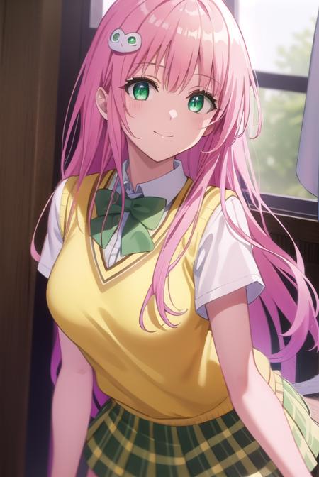 laladevilluke, <lora:lala deviluke darkness-lora-nochekaiser:1>,
lala deviluke, long hair, pink hair, tail, ahoge, bangs, hair ornament, (green eyes:1.5), smile,
BREAK demon tail, green skirt, plaid, plaid skirt, sainan high school uniform, school uniform, skirt, sweater vest, thighhighs, (yellow sweater:1.5), short sleeves, bow, (green bow:1.5),
BREAK indoors, classroom,
BREAK looking at viewer, (cowboy shot:1.5),
BREAK <lyco:GoodHands-beta2:1>, (masterpiece:1.2), best quality, high resolution, unity 8k wallpaper, (illustration:0.8), (beautiful detailed eyes:1.6), extremely detailed face, perfect lighting, extremely detailed CG, (perfect hands, perfect anatomy),