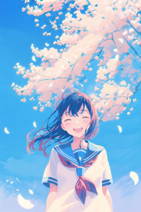 1girl, closed eyes, solo, neckerchief, smile, cherry blossoms, open mouth, school uniform, sailor collar, red neckerchief, blue sky, shirt, sky, serafuku, white shirt, upper body, outdoors, petals, blue sailor collar, day, long hair, tree, facing viewer, wind, bangs, arms behind back