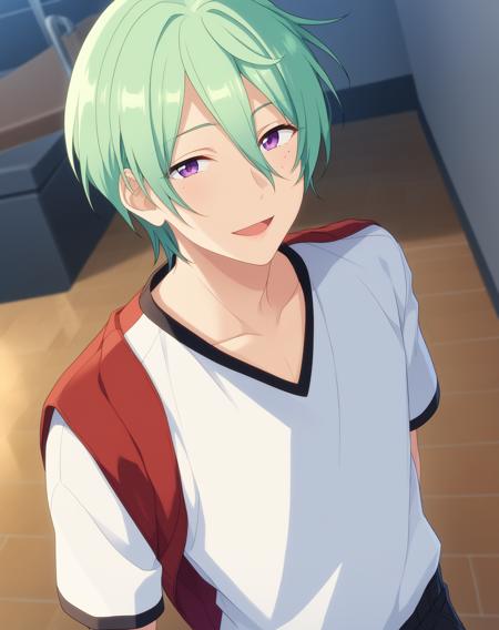 kazehaya_tatsumi_pony, green hair, purple eyes,