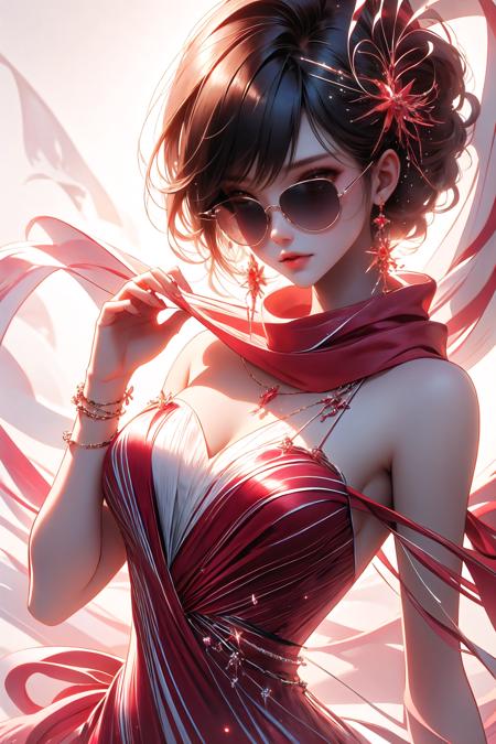 <lora:wrenchsweettail:1>, wrenchsweettail, 1girl, light smile, striped dress, jewelry, ribbon, bow, sunglasses, scarf, red dress, simple background,