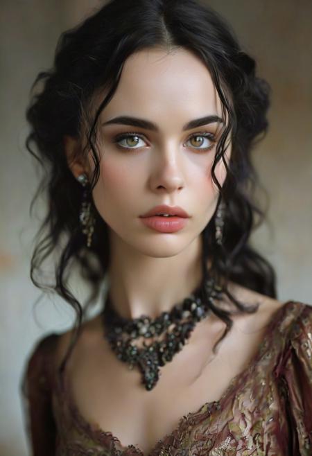 Face and Skin: Morgana has a fair complexion. Her face is characterized by a slightly angular jawline and high cheekbones.
Hair: She sports long, dark brown hair styled in loose waves. Her hair often falls around her shoulders, giving her a dramatic and somewhat mysterious look.
Body: Slender, sleek and elegant.
Eyes: Morgana's eyes are a deep, expressive brown, and they often have a slightly intense or thoughtful expression.
Eyebrows: Her eyebrows are well-defined and slightly arched, which accentuates her eye shape and adds to her overall dramatic appearance.
Clothing: Morgana's attire often consists of stylish and somewhat Gothic or Victorian-inspired clothing. She is typically seen wearing a dark-colored dress, which could include elements like lace or intricate patterns. She favors a look that combines elegance with a touch of edginess.
Accessories: She might wear subtle but stylish accessories that complement her outfit, such as a necklace or earrings.
Overall Style: Morgana has a refined, sophisticated style that leans towards the dramatic. Her look reflects a blend of elegance and mystery, fitting her character's background and personality. 8K <lora:MJ52:1>