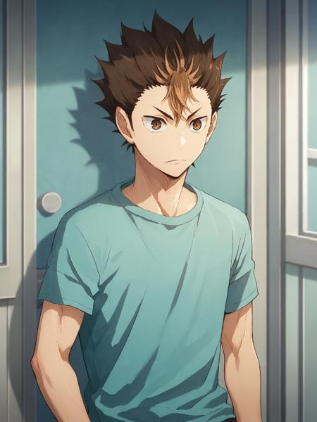 yuu nishinoya, 1boy, male focus, sportswear, solo, volleyball uniform, black hair, brown eyes two-tone hair, brown hair black feathered wings