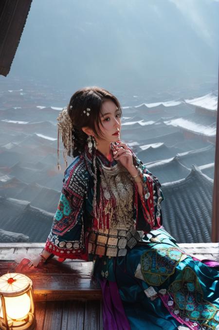 miaozu,Hmong,1girl,solo,jewelry,brown hair,architecture,ring,bracelet,east asian architecture,hair ornament,beads,brown eyes,outdoors,necklace,building,snow,long hair,sitting,dress,traditional clothes,earrings,lips,highres,extremely detailed,best quality,masterpiece,illustration,an extremely delicate and beautiful,extremely detailed,CG,unity,8k wallpaper,Amazing,finely detail,masterpiece,best quality,official art,extremely detailed CG unity 8k wallpaper,light on face,cinematic lighting,<lora:XL_miaolan:1>,upper body,