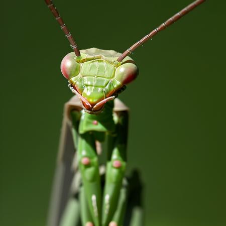 a mantis crawls on a blade of grass <lora:mantis-head:1.00>