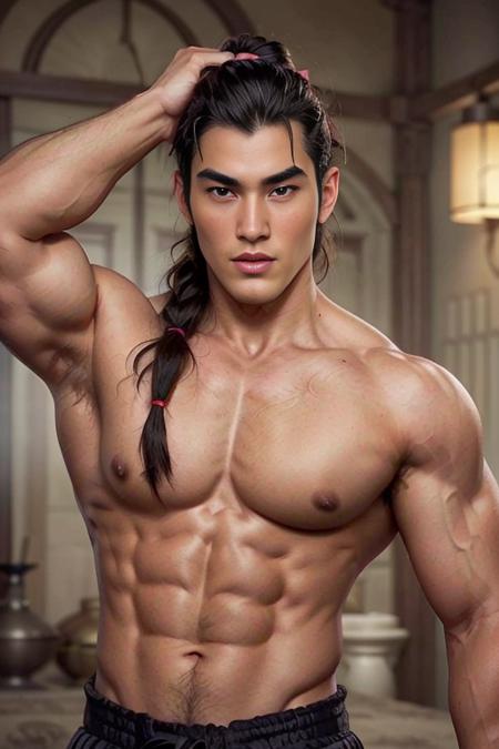 li_shang, solo, shirtless, soft smirk, hands behind head, hairy armpits, flexing, large pectorals, muscular, big biceps, sexy, flirty, looking at you,  grey pants,  ((hairy chest)), hairy body, <lora:li_shang-30:0.65>