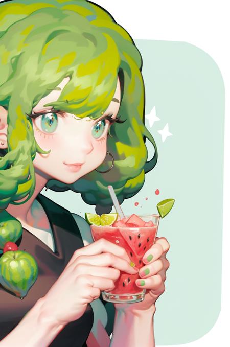 <lora:wedjigamja:1>,1girl, green hair, (watermelon), juice,white background