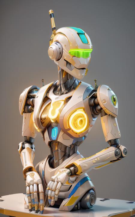 Cubist artwork ((bright neon colors)), (top-quality, 8K, masterpiece:1.3) A photo of a sleek, humanoid robot, playing a musical instrument, wearing a stylish jacket, on a modern stage taken with a prime lens highly detailed, detailed skin, dramatic spotlighting <lora:IvoryGoldAIv2:1> ivory gold . Geometric shapes, abstract, innovative, revolutionary