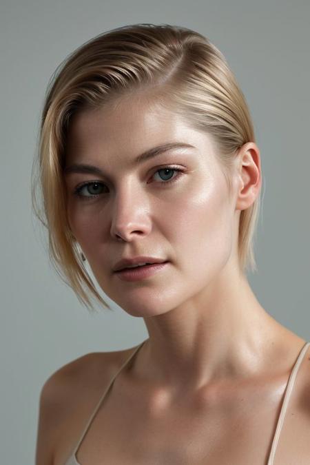 face closeup photo of (CR-RosamundPik3-JernauGurgeh:0.95) as a (young:1.0) woman in grey background, (oiled shiny skin:1.1), (tilted angle shot:1.0), slick undercut hair,
(8k uhd:1.0), (best quality:1.0), (masterpiece:1.0), (sharp focus:1.0),