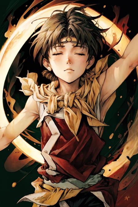 RiouSuikoden,1boy, solo,  yellow scarf, red tunic, black pants,  outstretched arms, arms up,   closed eyes,  abstract background,  facing viewer,  magic, light swirling, abstract, magic circle, green and white theme, <lora:Riou_Suikoden2V1.6:1>