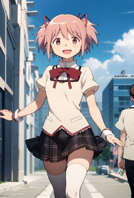 <lora:Madoka Akemi:0.8>, 1girl, madoka, happy, school uniform, short hair, white thighhigh