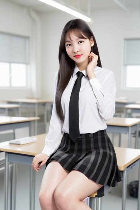 <lora:TwiceNayeon:1>,nayeon,RAW,(8k, best quality, masterpiece:1.2),(full body shot:1.5),octane render,extremely detailed CG unity 8k wallpaper,studio soft light, rim ligh,in classroom,sunlight,sitting on chair,(a girl is wearing school uniform:1.5),hyper realistic detail shiny skin,ultra detailed,(ultra realistic:1.5),(looking at viewer:1.2),(intricate:1.2),(photorealistic:1.4),chair,desk,1girl,(skinny:1.3),(black hair:1.5)