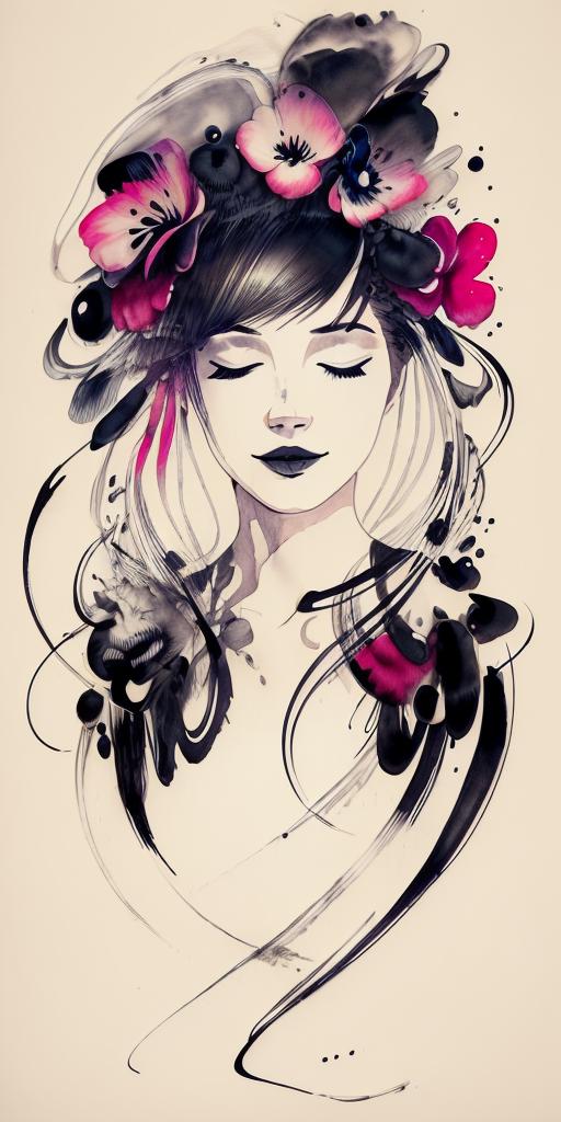 A woman with long hair and a flower in her hair, drawn in black and white with pink accents.