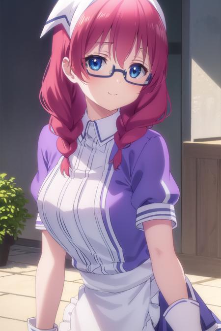 miuamano, <lora:miu amano s1-lora-nochekaiser:1>,
miu amano, long hair, bangs, blue eyes, braid, red hair, glasses, twin braids, semi-rimless eyewear, under-rim eyewear, smile,
BREAK skirt, shirt, thighhighs, gloves, short sleeves, pleated skirt, glasses, puffy sleeves, white gloves, apron, white thighhighs, puffy short sleeves, waist apron, purple skirt, purple shirt, waitress, head scarf,
BREAK indoors, restaurant,
BREAK looking at viewer, (cowboy shot:1.5),
BREAK <lyco:GoodHands-beta2:1>, (masterpiece:1.2), best quality, high resolution, unity 8k wallpaper, (illustration:0.8), (beautiful detailed eyes:1.6), extremely detailed face, perfect lighting, extremely detailed CG, (perfect hands, perfect anatomy),