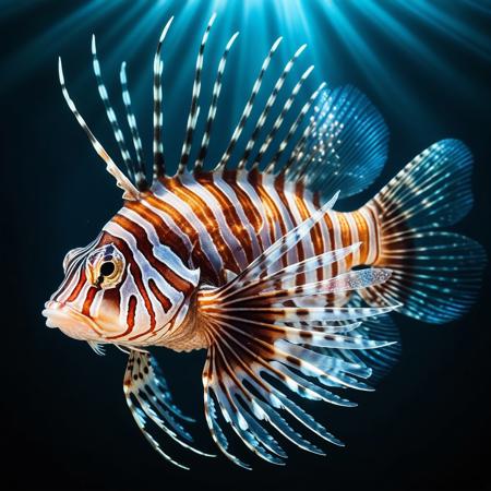 chrome lionfish, 
Broken Glass effect, 
no background, 
stunning, 
something that even doesn't exist, 
mythical being, 
energy, 
molecular, 
textures, 
iridescent and luminescent scales, 
breathtaking beauty, 
pure perfection, 
divine presence, 
unforgettable, 
impressive, 
breathtaking beauty, 
Volumetric light, 
auras, 
rays, 
vivid colors reflects