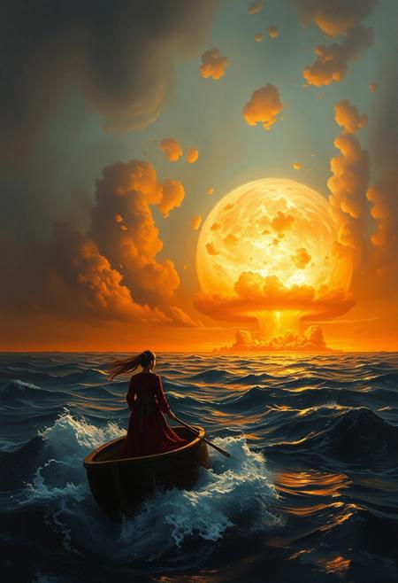 (((Oil painting masterpiece in Ayvazovsky style))) 
oil painting masterpiece, ((girl)) , ocean, boat, darkness, fireball in the sky, super wind blows, (a huge all-consuming atomic explosion in the background from the horizon and extending beyond the edge of the picture into space:0.9)