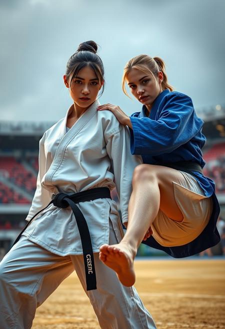 2girl, cinematic composition, A black belt in white judo and a black belt in blue judo, judo pants, judo ground, stadium, sweating,  Uki Goshi  , highly detailed, 4k resolution, ultrarealistic, real photo, detailed skin, photorealistic, high quality, sharp focus