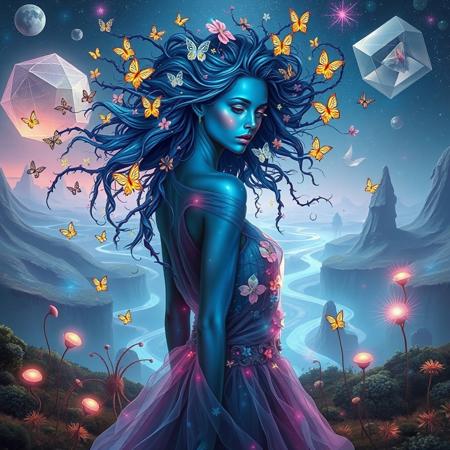 Photrealistic image of a stunning woman with iridescent skin that shifts colors from deep blue to shimmering silver, standing in a dreamlike environment. Her hair is an intricate tapestry of flowing vines and flowers, intertwining with luminous butterflies that flutter around her.
The background features a bizarre landscape with gravity-defying hills and swirling rivers of liquid light. Giant, floating geometric shapes hover in the sky, casting colorful shadows on the ground. 
The woman wears an avant-garde dress made of translucent fabric that appears to be woven from starlight, changing form with each movement. Her eyes are multifaceted, resembling prisms, reflecting the surreal colors around her. 
Strange, whimsical creatures with elongated limbs and radiant patterns explore the landscape, while abstract, pulsating plants emit soft glows. The scene evokes a sense of wonder and enchantment, blurring the lines between reality and fantasy.