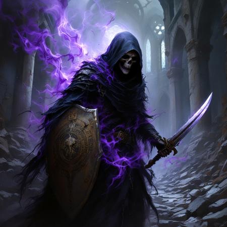 A skeletal warrior draped in a tattered black cloak and hood, wielding a cracked sword and a weathered shield, surrounded by flickering, sickening violet smoke and an ominous arcane aura, standing in the ruins of a shattered cathedral. Digital painting, highly detailed, rich in depth and atmosphere, dark fantasy style, cinematic lighting, intricate textures, 3D rendering feel, masterpiece quality.
