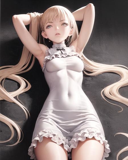 <lora:Claymore-NAI-LyCORIS-512px:0.85>
1girl, solo, lying, arms behind head, armpits, frilly white dress, bow