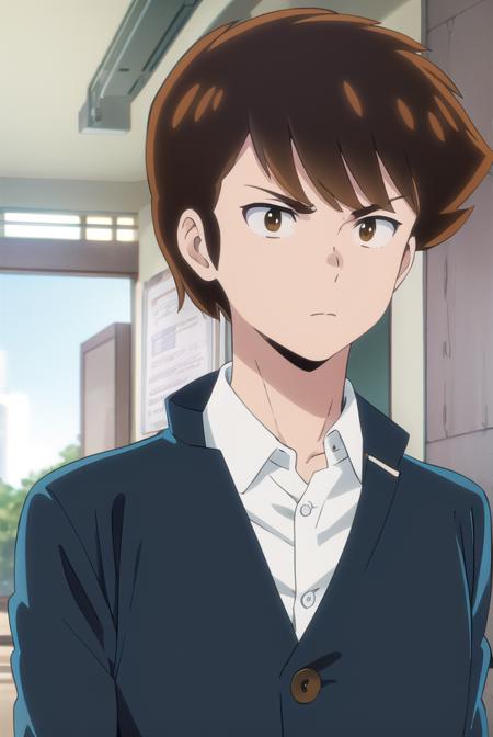 atarumoroboshi, <lora:ataru moroboshi s1-lora-nochekaiser:1>,
ataru moroboshi, brown hair, male focus, (brown eyes:1.5),
BREAK shirt, school uniform, white shirt, collared shirt, pants, black pants, sneakers, gakuran,
BREAK indoors, classroom,
BREAK looking at viewer, (cowboy shot:1.5),
BREAK <lyco:GoodHands-beta2:1>, (masterpiece:1.2), best quality, high resolution, unity 8k wallpaper, (illustration:0.8), (beautiful detailed eyes:1.6), extremely detailed face, perfect lighting, extremely detailed CG, (perfect hands, perfect anatomy),