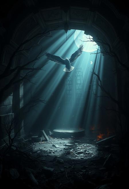 La Chambre D'Echo" - Where the death birds sing , sad environment, Dark, melancholic, Epic, hyper detailed, ultra realistic, top dramatic lights, dynamic shadows