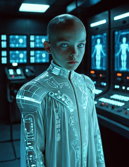 still portrait of an eerie child in a futuristic lab, entirely human but from a far distant future, smooth porcelain-like skin illuminated by faint blue LED-like symbols shifting across face and arms, large reflective eyes with subtly shifting color hues, expression calm yet unsettlingly neutral, bald head with a slight metallic sheen, simple minimalistic robe made of smart-fabric that reacts to motion, standing near glowing consoles and translucent data columns, soft cool lighting reflecting off chrome lab surfaces, symbols gently pulsing with unknown meaning, atmosphere quiet and clinical, sense of mystery and post-human evolution, shallow depth of field with strong focal clarity, photographed on Cinestill 800T film, shot with a Sony Alpha 1 and G Master 50mm f/1.2 lens, ultra-realistic, fine facial detail, clean futuristic sci-fi mood