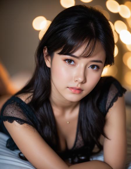 (20-years-old girl:1.5), (Canon 50 f/1.2 lens bokeh:1.5), posing (very submissive:1.3), lying on stomach, supporting head on hands, cute face, temptations look,
professional photo of a petite girl (wearing sexy dress:1.2),( focus on face, shallow focus:1.2),
raw photo, (realistic:1.25), (half-length portrait), (leaning pose:1.5), (shy, in love, in love expression:0.74), (triangle shape face:0.36), (black hair:1.2, long hair),
deep v top, bedroom, office lady,
(rim light from bottom-right:0.96), <lora:hinaTuningFaceDetailer_SDXL-v2-rank64:0.7>