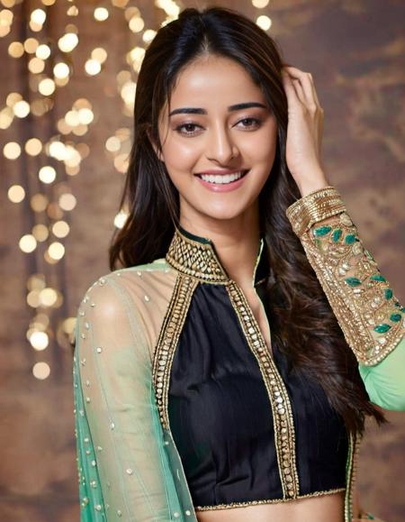 hires headshot photo of ananya pandey woman, studio quality, looking straight at viewer, detailed ethnic dress with high collar, laughing, background bokeh  <lora:Ananya_Pandey_SDXL_LoRA:1>