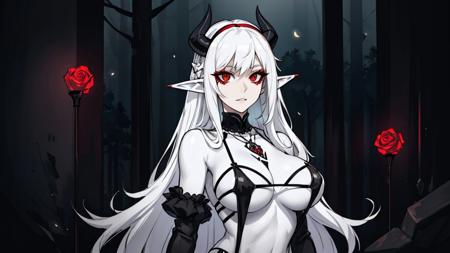 (mature woman:1.3), adult, solo, (white long hair:1.1), red eyes, medium breasts, (white short semi-transparent dress:1.1), open neckline, elf, fantasy, fireflies, night forest, (fabulous:1.1), (radiance:0.9), (underboob:1.2), (masterpiece), (high quality), (best quality), (detailed), hd, perfect lighting, detailed face, detailed body, gothic, 1980s style, satanic anime illustration of a (seductive Goth woman with pale white skin and straight black hair), corpse paint, dark gothic makeup, wearing bloody rose slip dress, cleavage, [downblouse], pentagram necklace,