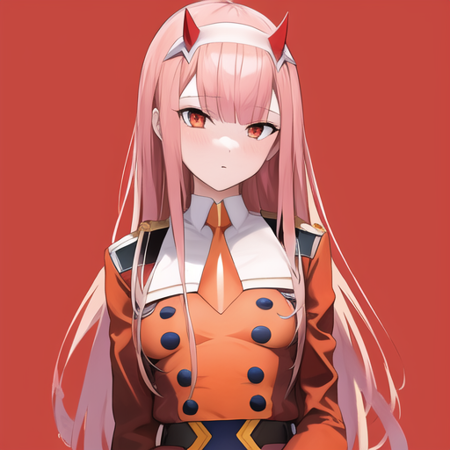 masterpiece, best quality, 1girl, zero two, uniform, military uniform, red jacket, orange necktie, honey<lora:qqq-zero_two-v1:0.6>