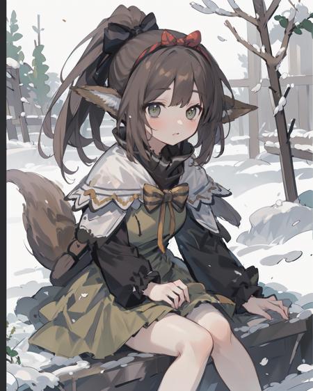 ((masterpiece, best quality)),ultra detailed,8k wallpaper,<lora:perfumerOAC2-v2.0:0.6>,close up of a cute girl in snowstorm garden, clear face, hair covered with lots of snow,perfumer,ponytail,hairband,white capelet,olive dress,black collar,frilled sleeves,fox tail,bare legs,