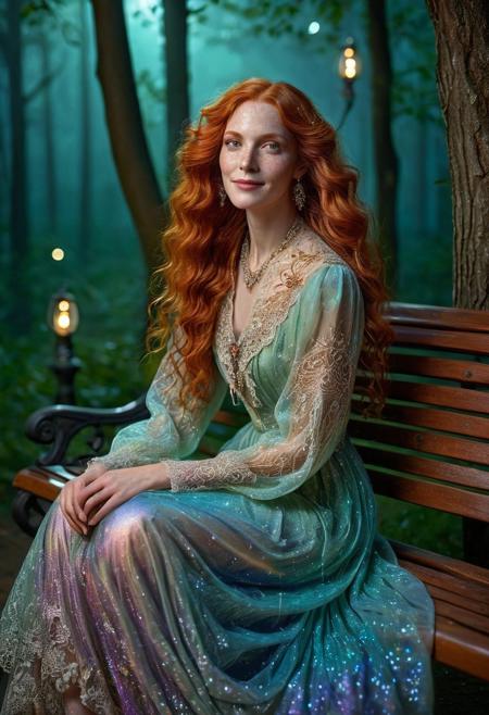 A captivating, cinematic night time photo of an elegant beautiful older woman, (age 50:1.2), sitting on a park bench, happily smiling, hands on lap, with long curly dark orange hair, (freckles:1.3), looking at camera, full body view. She is dressed in an exquisite, sparkling ((gl1tt3r, glitter, iridescent)) translucent multi-colored Victorian dresses adorned with intricate lace and silver thread patterns. Her long orange hair flows elegantly, and her eyes are a striking shade of green. Matching slippers enhances her look. The background is a mystical, moonlit forest, dark shadows and glowing lanterns, mist, fireflies, creating an atmosphere of supernatural enchantment., DarkFantasy, photo, cinematic,